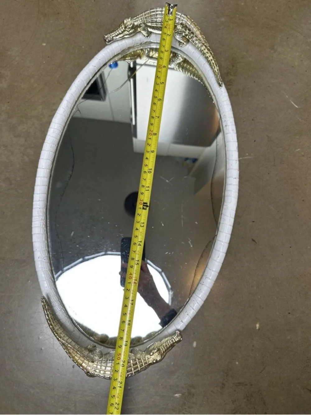 Oval White Croc-Texture Mirror Tray with Gold Crocodile Accents